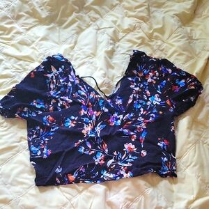Olivaceous Black and Blue Floral V-Neck Blouse
